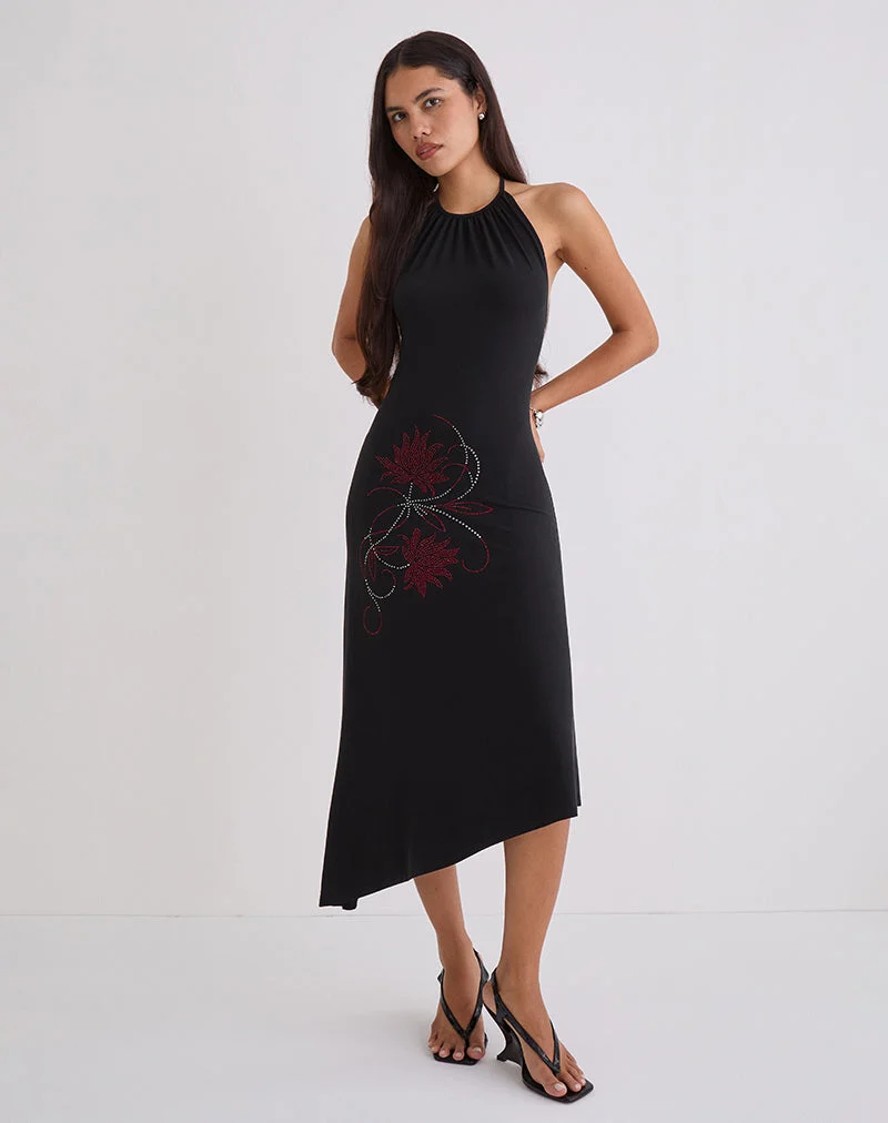 Zavine Midikleid aus Cupro mit Diamante-Blume in Schwarz