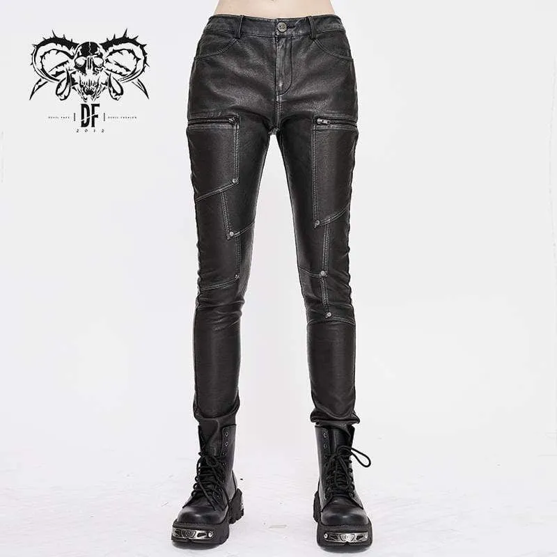 Damen Gothic Kunstleder Reißverschluss Hose
