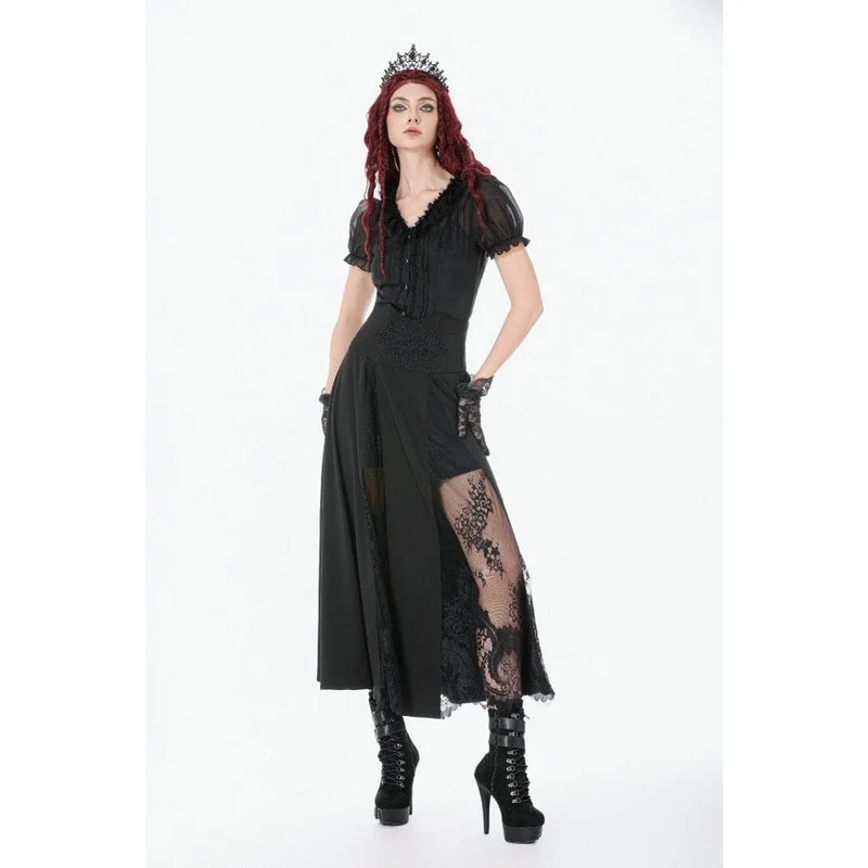 Gothic-Rock für Damen mit floralem Print und hohem Bund aus Mesh, lang und hochgeschnitten
