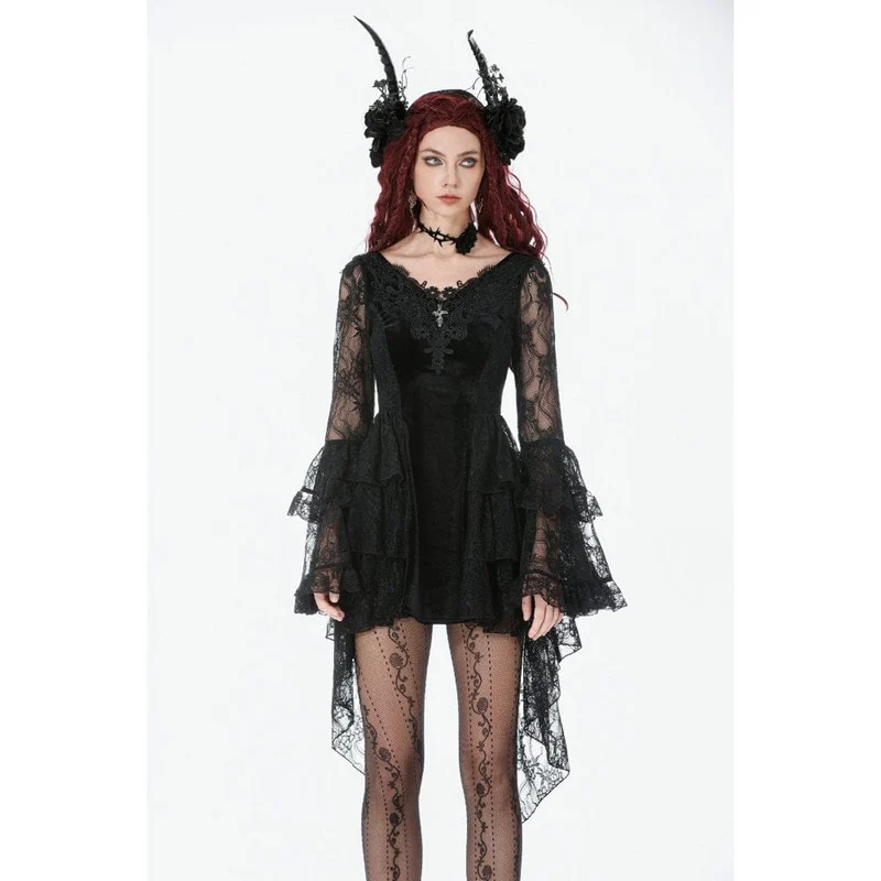 Gothic-Kleid für Damen mit besticktem Kreuz und ausgestellten Ärmeln
