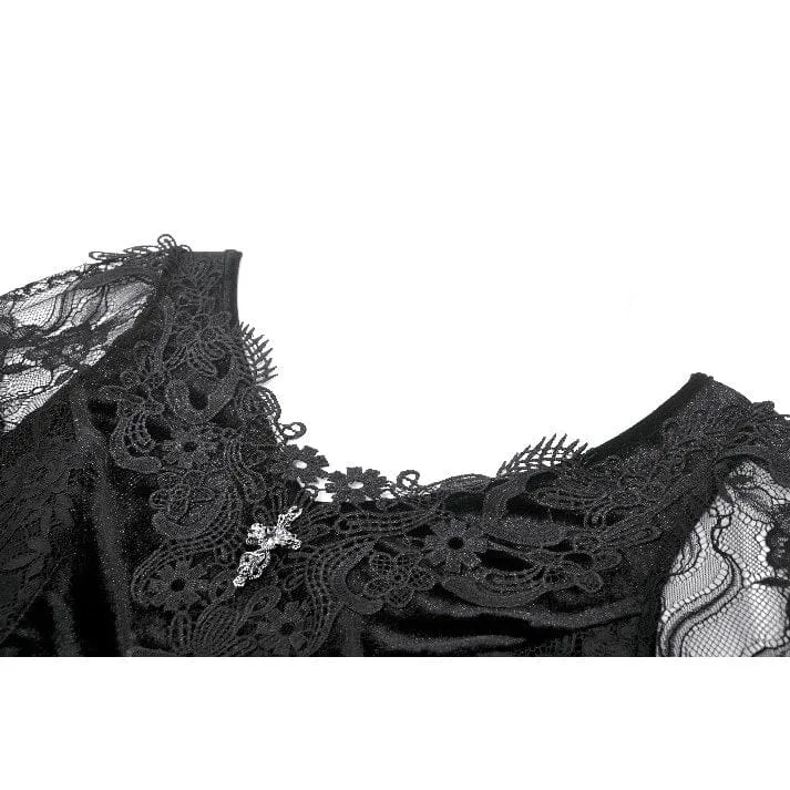 Gothic-Kleid für Damen mit besticktem Kreuz und ausgestellten Ärmeln