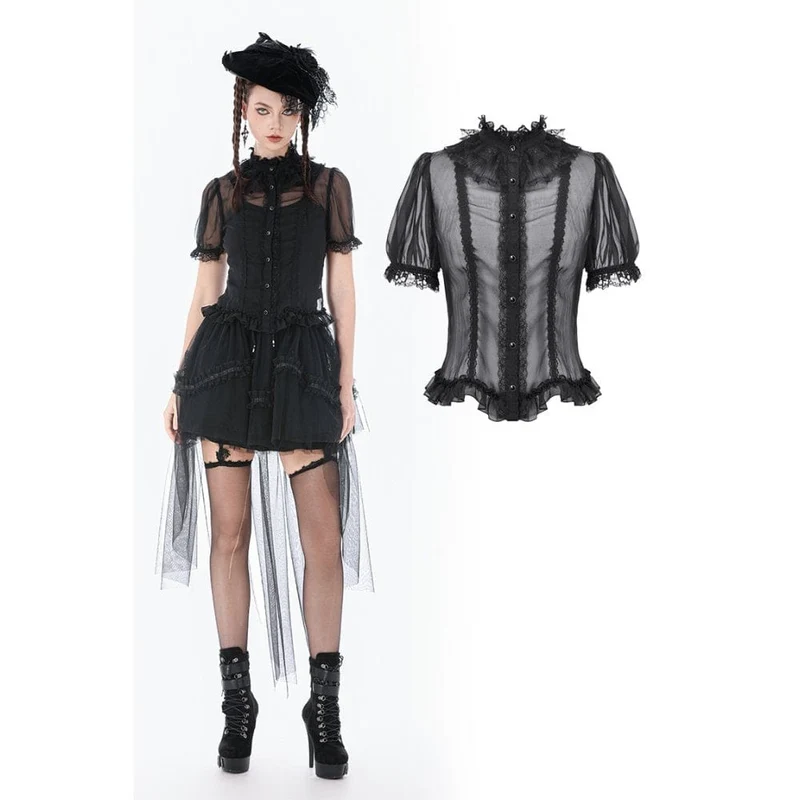 Gothic-Mesh-T-Shirt für Damen, transparent, gerüscht, kurzärmelig