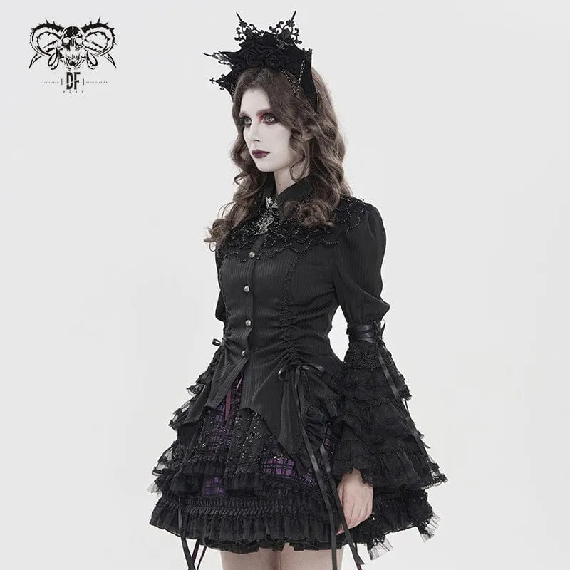 Schwarzes Damen-T-Shirt im Gothic-Stil mit Nadelstreifen, Kordelzug und ausgestellten Ärmeln