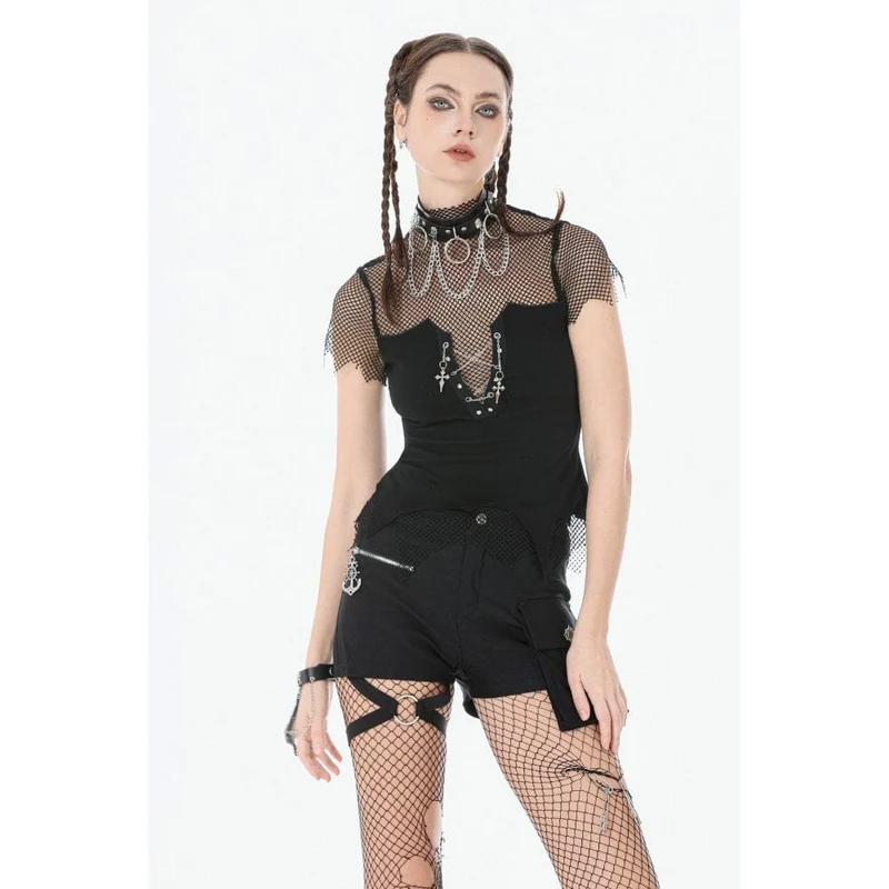 Punk-Top für Damen mit unregelmäßigem Kreuzkettenmuster und Netzmuster