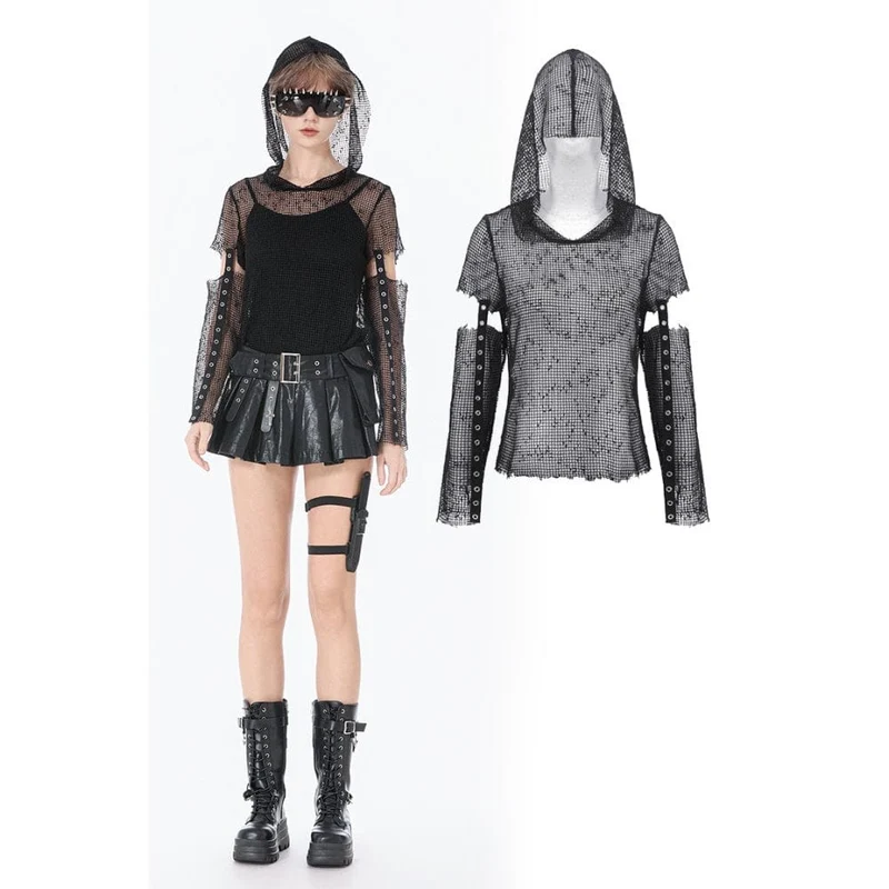 Punk-Mesh-Kapuzenoberteil für Damen mit Lochmuster