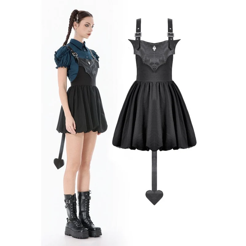 Gothic-Kleid für Damen mit Fledermausflügel-Schnalle, Trägern und Schleppe