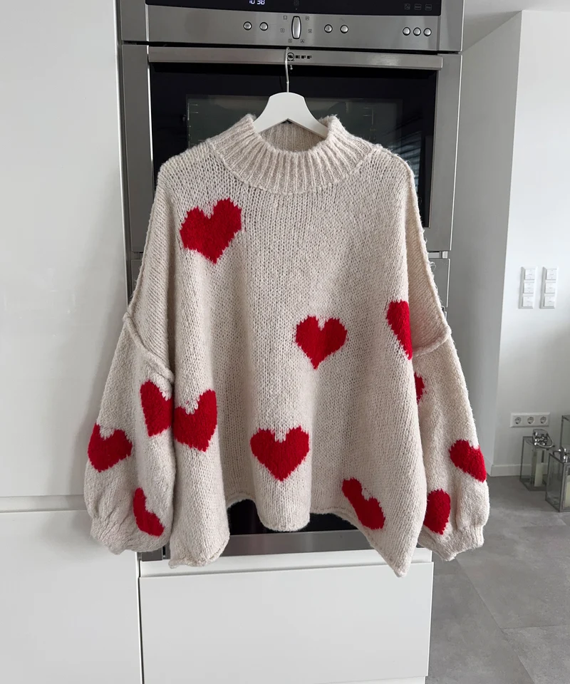 Oversize Pullover Nata Herz Beige Rot
