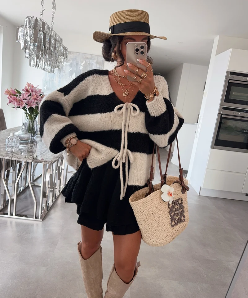 Cardigan Schleife Fia Streifen Schwarz