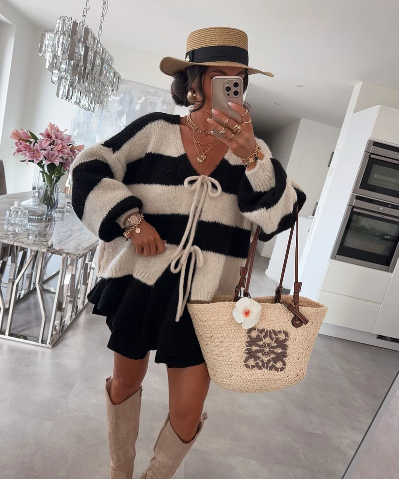 Cardigan Schleife Fia Streifen Schwarz