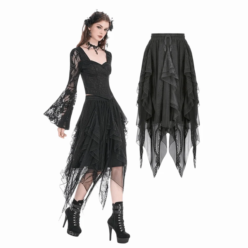 Gothic-Rock für Damen, unregelmäßig, mehrlagig, aus Mesh, lang