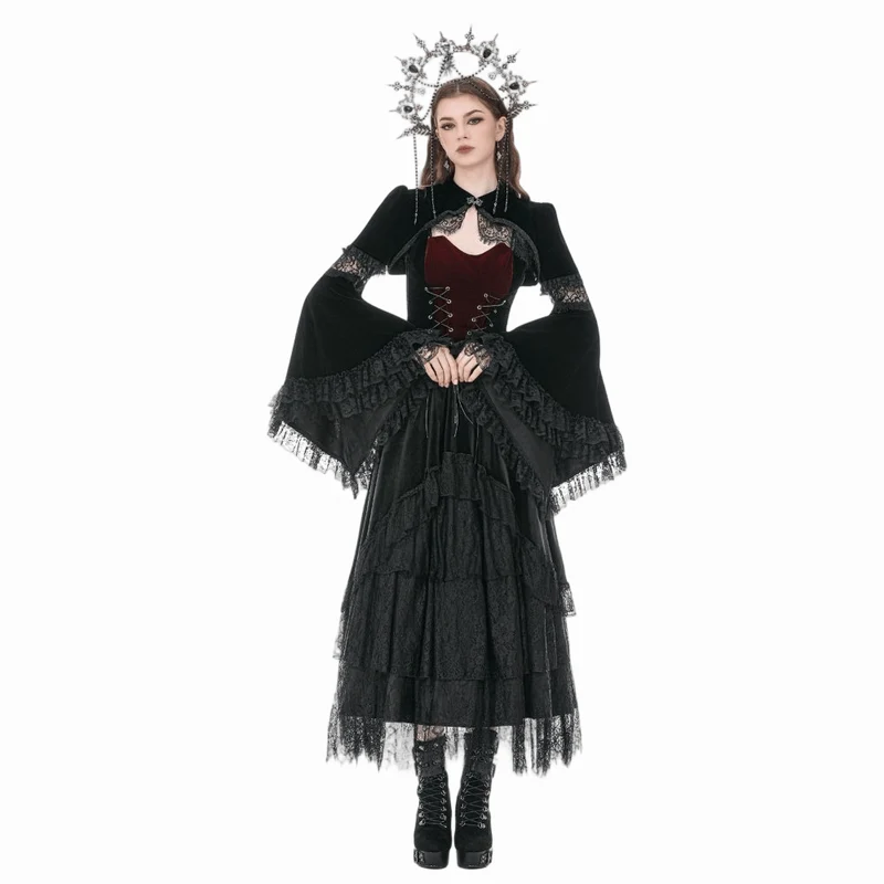 Gothic-Samtrock für Damen, mehrlagig, mit Spitzeneinsatz und Rüschen