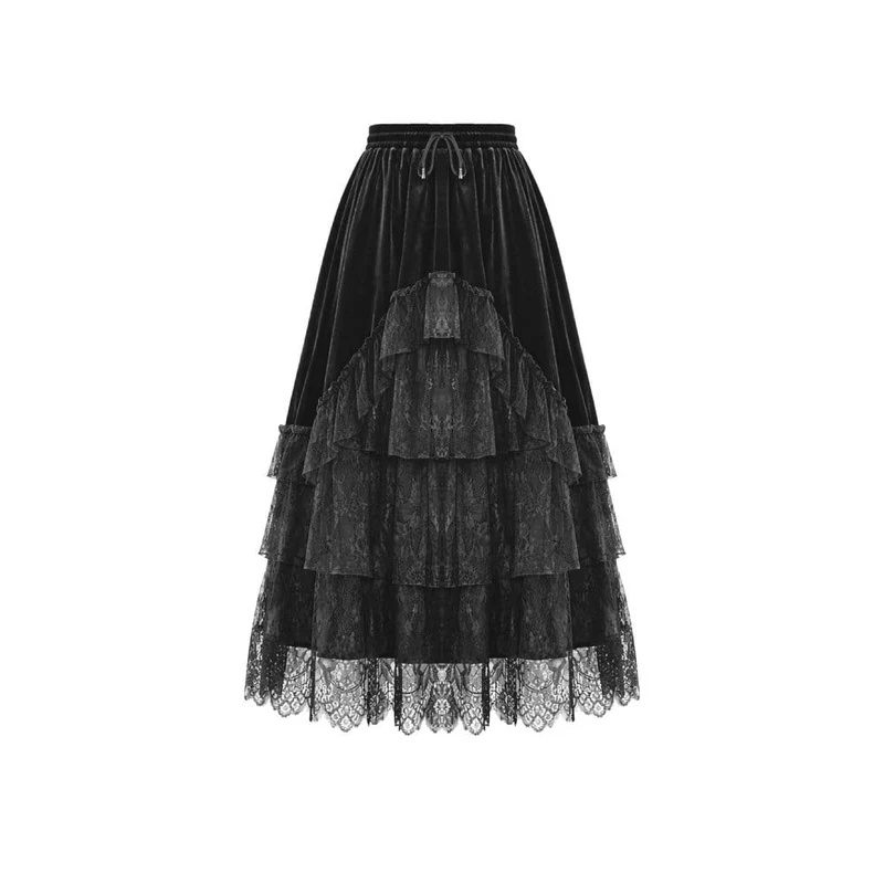 Gothic-Samtrock für Damen, mehrlagig, mit Spitzeneinsatz und Rüschen