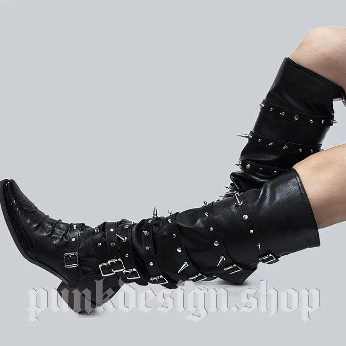 Punkige Damen-Kniestiefel mit Nieten, Schnallenriemen und Zierriemen
