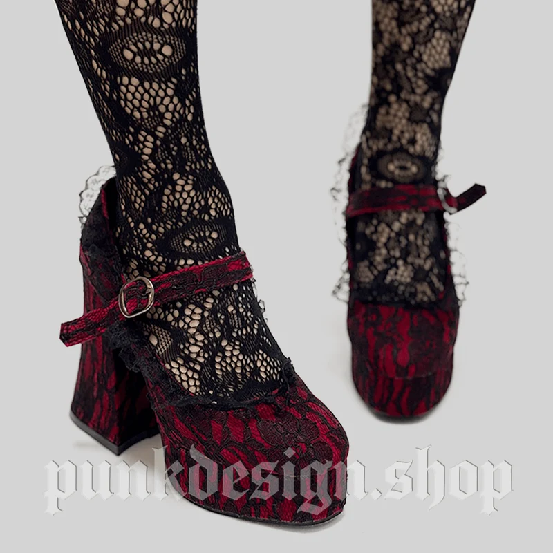 Gothic Mary Jane Schuhe für Damen mit Blumenmuster, Spitze und Schnalle