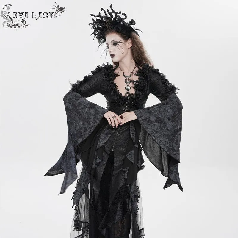 Gothic-Langarmshirt für Damen mit Rosen- und Federprint