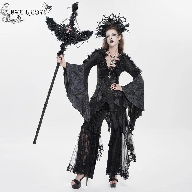 Gothic-Langarmshirt für Damen mit Rosen- und Federprint