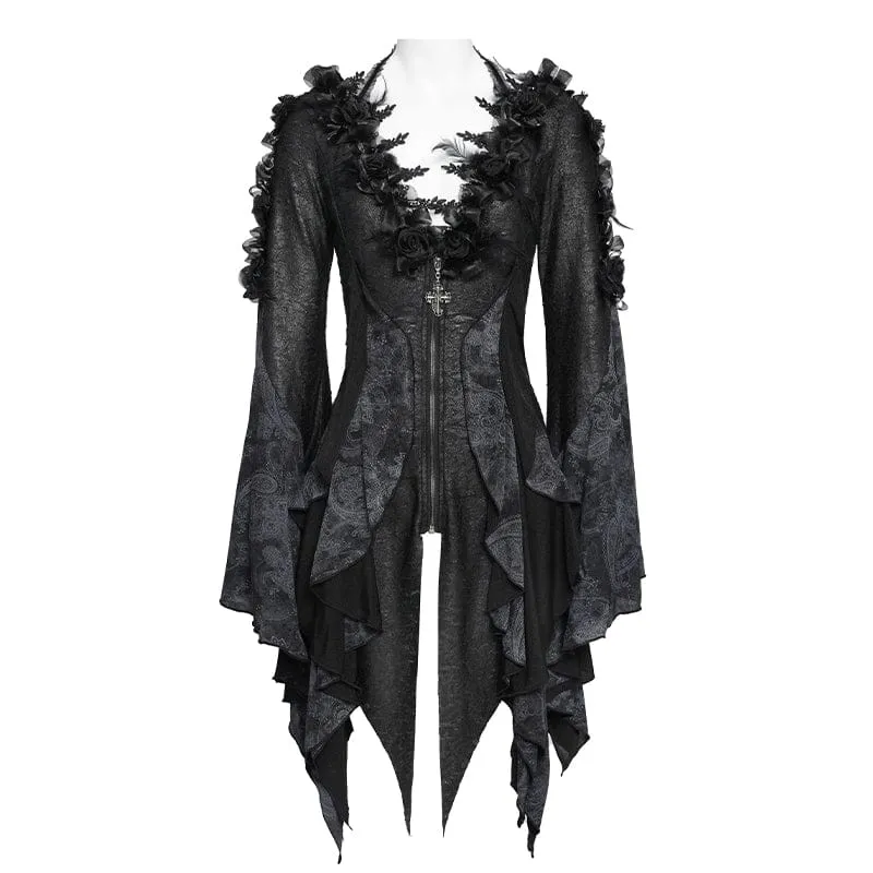 Gothic-Langarmshirt für Damen mit Rosen- und Federprint