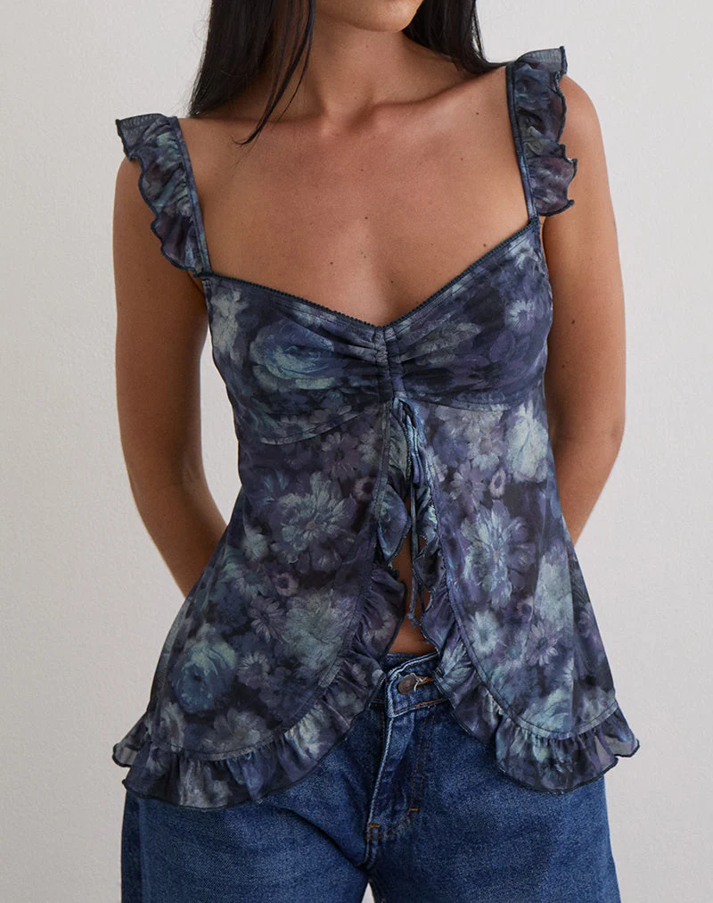 Jibola Top aus Mesh Arty Flowers Dunkelblau