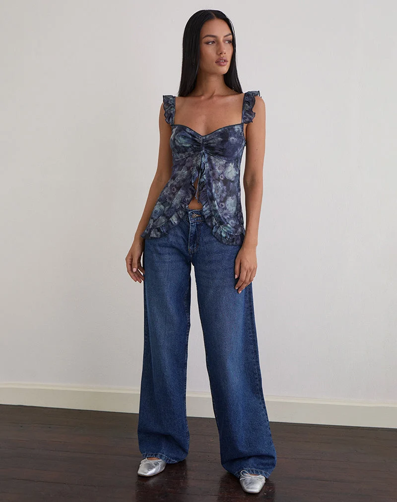 Jibola Top aus Mesh Arty Flowers Dunkelblau