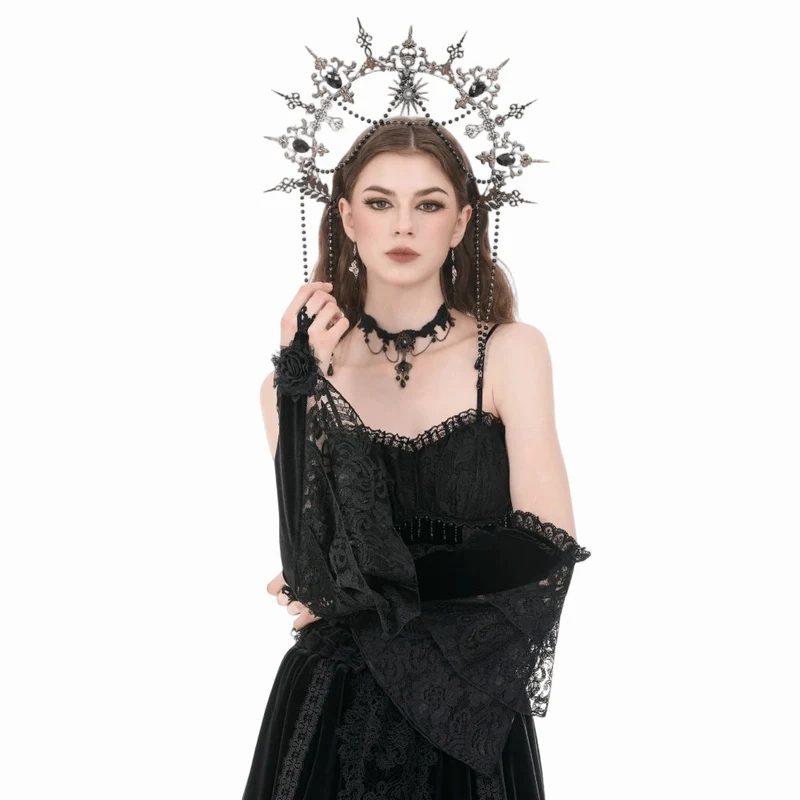 Gothic-Ärmel für Damen aus rosafarbenem Samt mit Spitzeneinsatz und ausgestellten Ärmeln