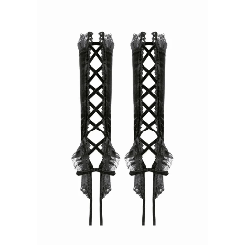 Gothic-Armstulpen aus Samt mit Blumenmuster und Schnürung für Damen