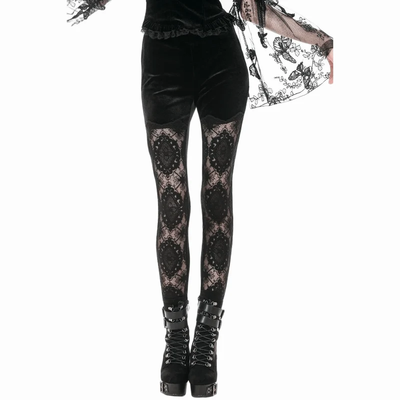 Gothic-Leggings für Damen mit bestickter, transparenter Spitze und Patchwork-Details