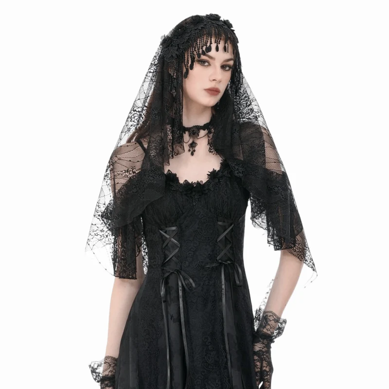 Gothic-Schleier mit Blumenmuster und Quasten für Damen