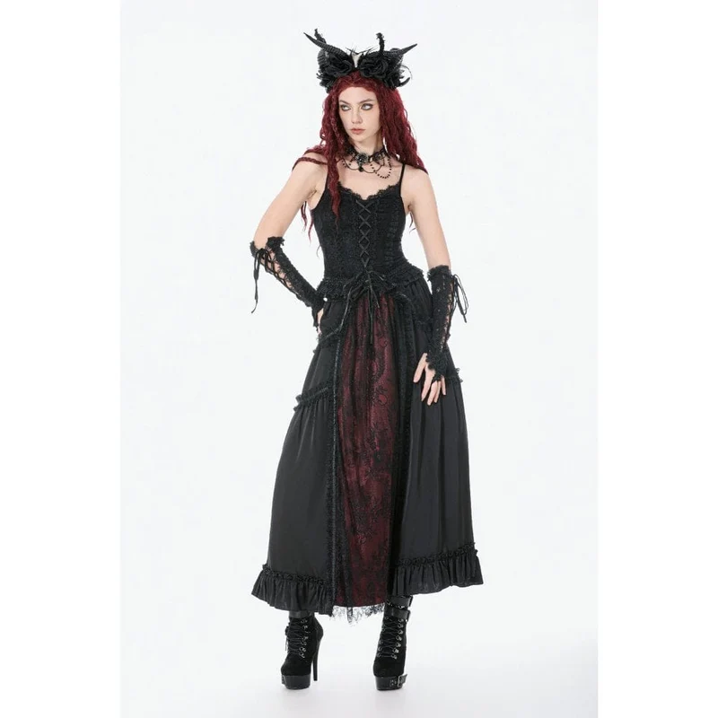 Gothic-Maxirock mit Rüschen und Spitze für Damen, schwarz-rot