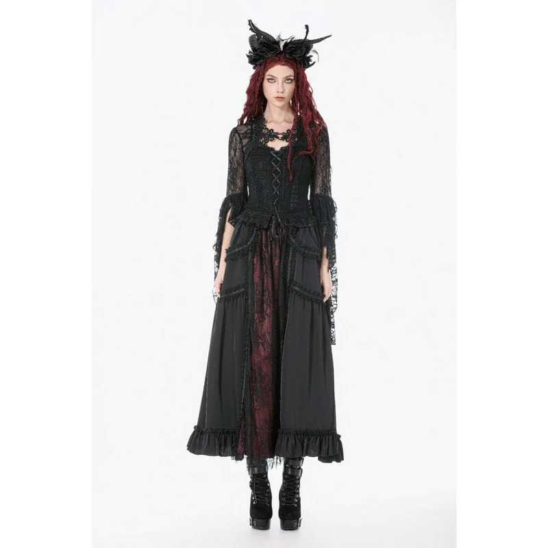 Gothic-Maxirock mit Rüschen und Spitze für Damen, schwarz-rot