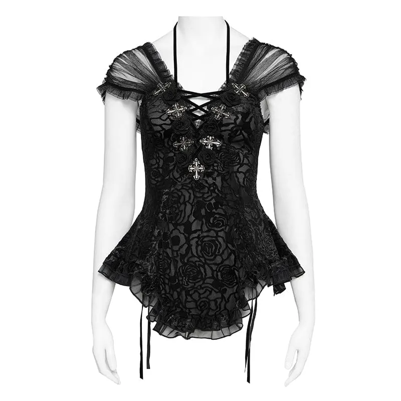 Gothic-T-Shirt für Damen mit gekreuztem Muster, tiefem Ausschnitt und kurzen Ärmeln