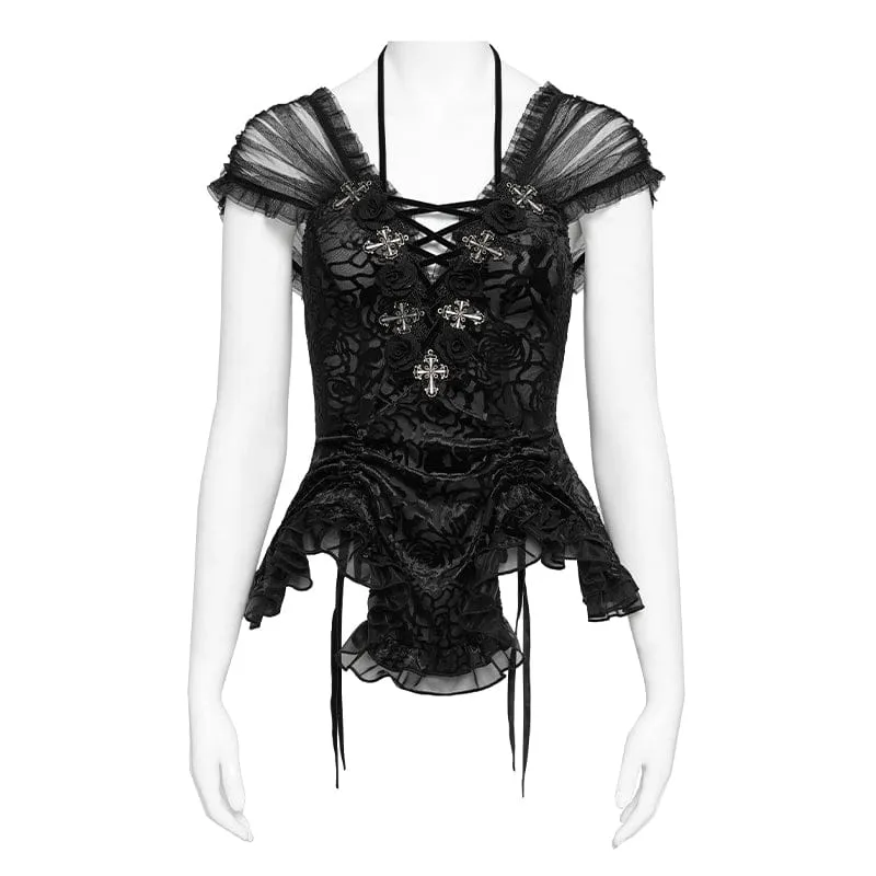 Gothic-T-Shirt für Damen mit gekreuztem Muster, tiefem Ausschnitt und kurzen Ärmeln
