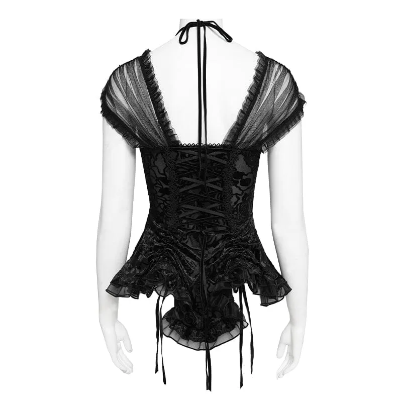 Gothic-T-Shirt für Damen mit gekreuztem Muster, tiefem Ausschnitt und kurzen Ärmeln