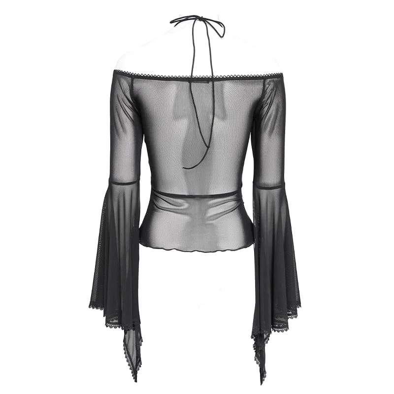 Gothic-Damenbluse mit Rüschen, schulterfrei und ausgestellten Ärmeln, Schwarz-Rot