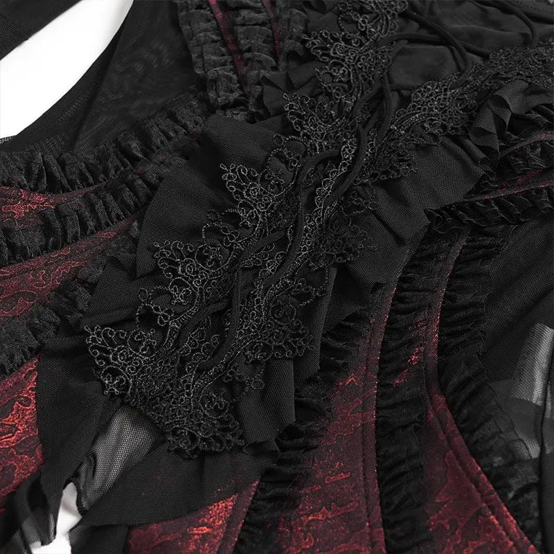 Gothic-Damenbluse mit Rüschen, schulterfrei und ausgestellten Ärmeln, Schwarz-Rot