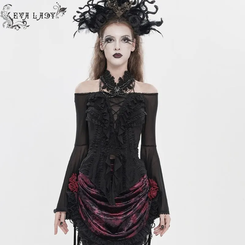 Schwarzes Gothic-Damenhemd mit Rüschen, schulterfrei und ausgestellten Ärmeln