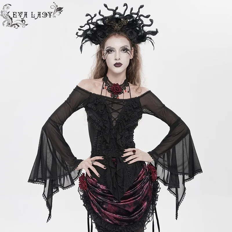 Schwarzes Gothic-Damenhemd mit Rüschen, schulterfrei und ausgestellten Ärmeln