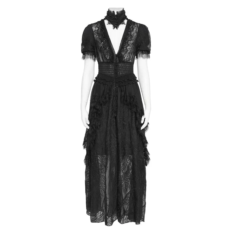 Schwarzes Gothic-Maxikleid mit tiefem Ausschnitt, Stehkragen und kurzen Ärmeln – ideal als Hochzeitskleid.