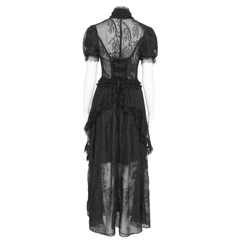 Schwarzes Gothic-Maxikleid mit tiefem Ausschnitt, Stehkragen und kurzen Ärmeln – ideal als Hochzeitskleid.