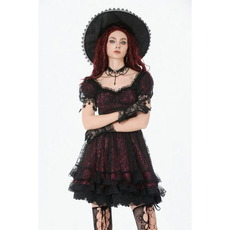 Gothic-Spitzenkleid für Damen mit Sternenmuster, eckigem Kragen und kurzen Ärmeln – Abschlusskleid