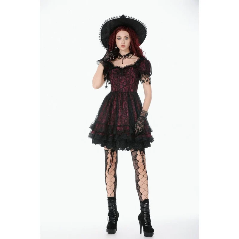 Gothic-Spitzenkleid für Damen mit Sternenmuster, eckigem Kragen und kurzen Ärmeln – Abschlusskleid
