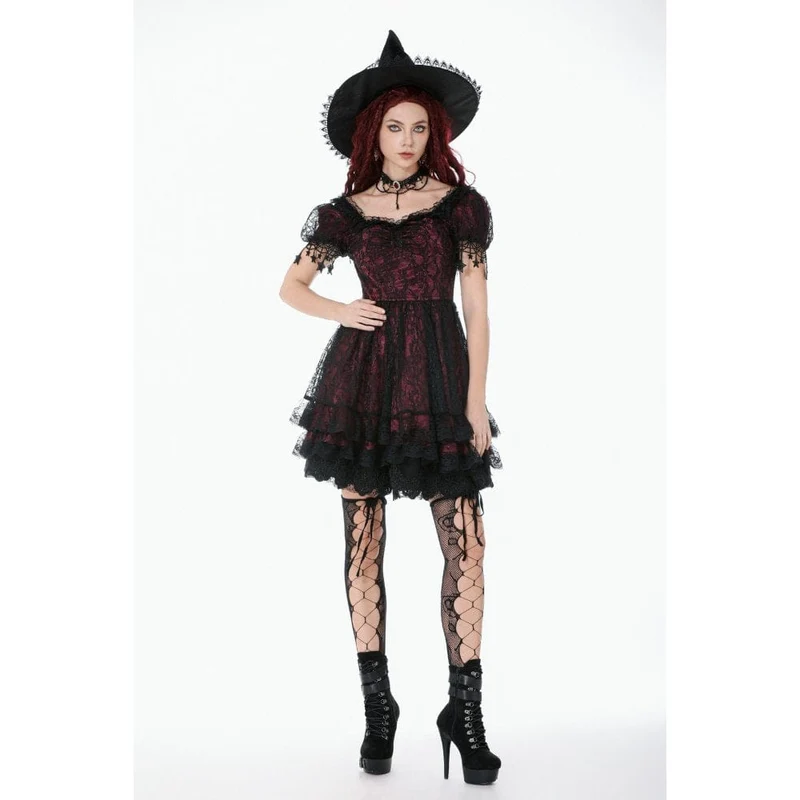 Gothic-Spitzenkleid für Damen mit Sternenmuster, eckigem Kragen und kurzen Ärmeln – Abschlusskleid