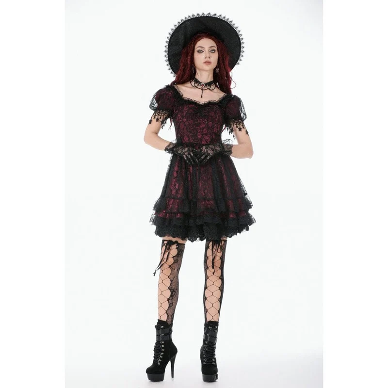 Gothic-Spitzenkleid für Damen mit Sternenmuster, eckigem Kragen und kurzen Ärmeln – Abschlusskleid