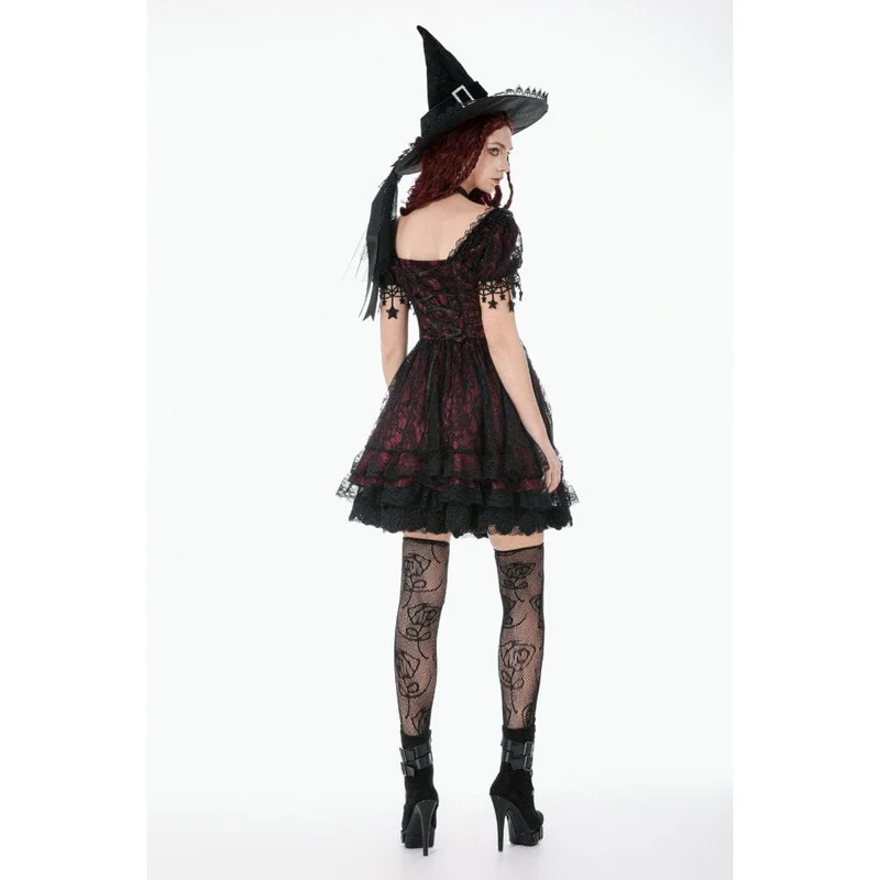 Gothic-Spitzenkleid für Damen mit Sternenmuster, eckigem Kragen und kurzen Ärmeln – Abschlusskleid