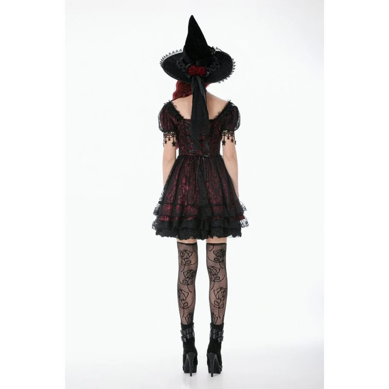 Gothic-Spitzenkleid für Damen mit Sternenmuster, eckigem Kragen und kurzen Ärmeln – Abschlusskleid