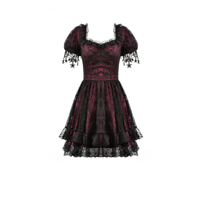 Gothic-Spitzenkleid für Damen mit Sternenmuster, eckigem Kragen und kurzen Ärmeln – Abschlusskleid
