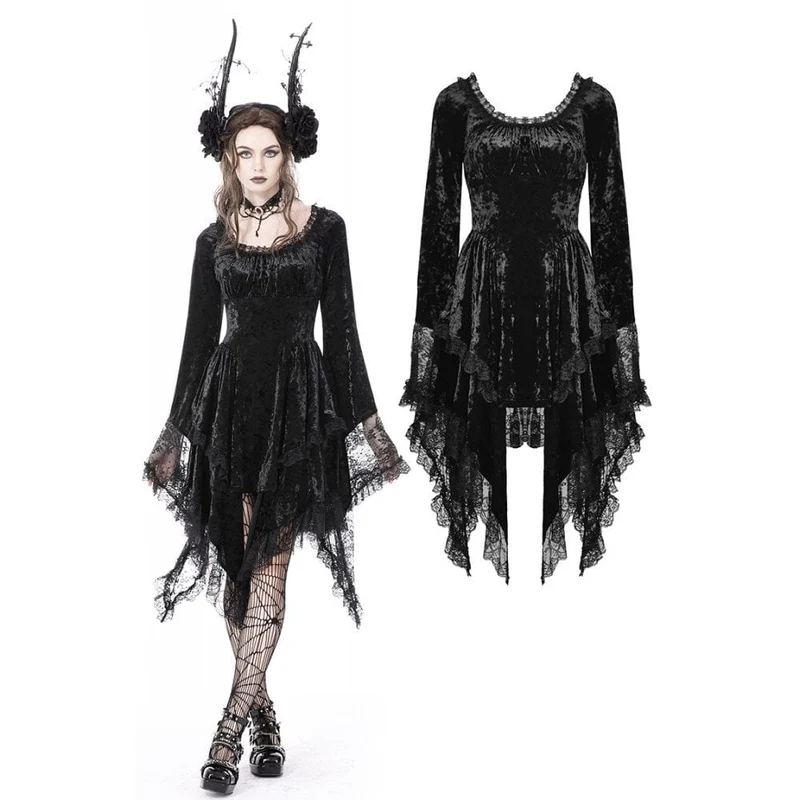 Gothic-Kleid für Damen mit unregelmäßig ausgestellten Ärmeln, Spitzeneinsatz und Samtbesatz, Abschlusskleid