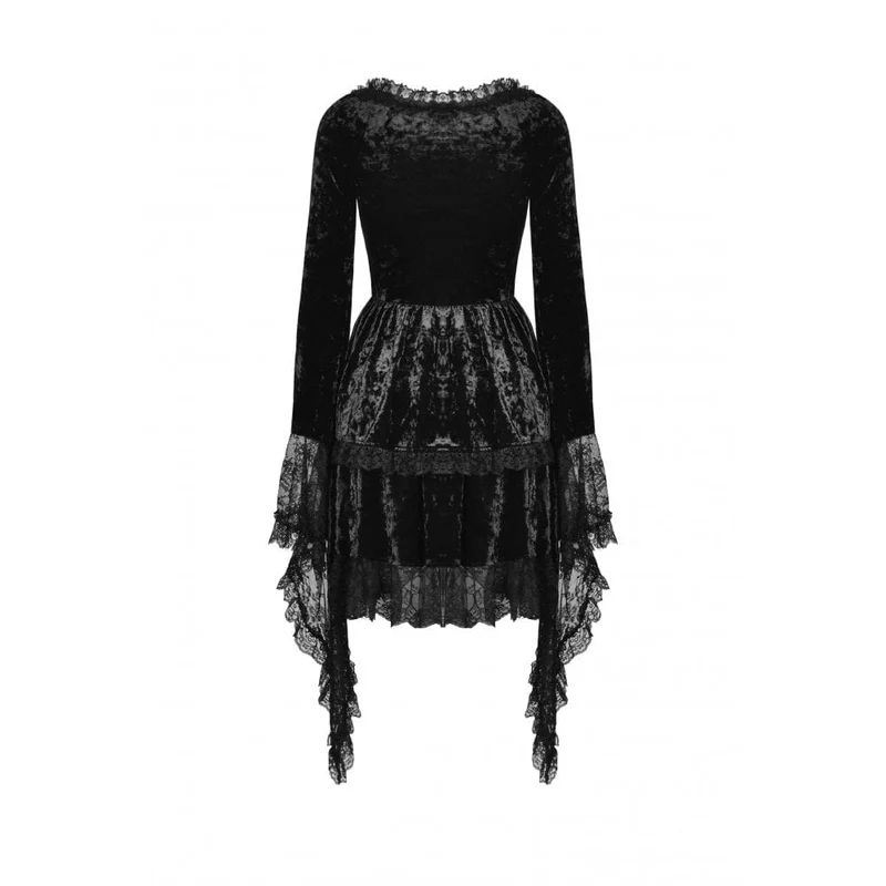 Gothic-Kleid für Damen mit unregelmäßig ausgestellten Ärmeln, Spitzeneinsatz und Samtbesatz, Abschlusskleid