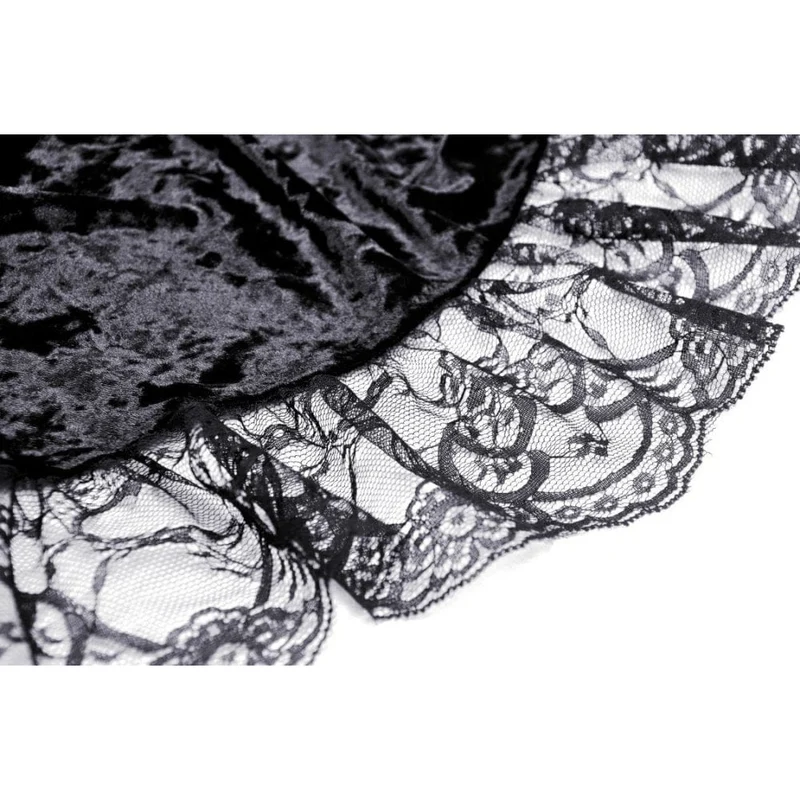 Gothic-Kleid für Damen mit unregelmäßig ausgestellten Ärmeln, Spitzeneinsatz und Samtbesatz, Abschlusskleid