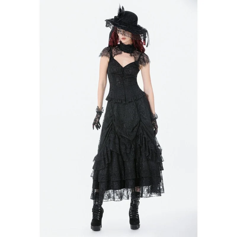 Gothic-Maxirock für Damen mit Spitze, Lagen und Raffungen