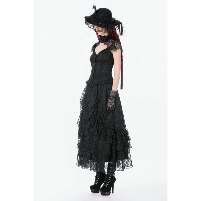 Gothic-Maxirock für Damen mit Spitze, Lagen und Raffungen